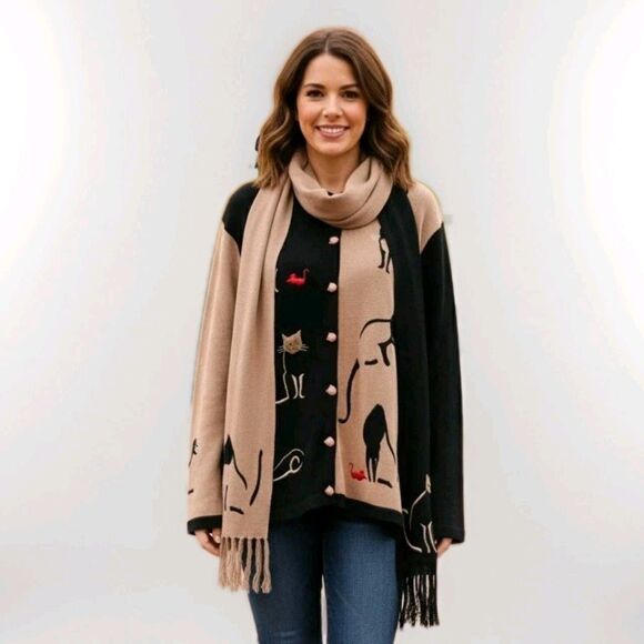 Sweaters - Cat Lover Knit Cardigan & Scarf Set Applique Embroidery | Black Tan | Size M...